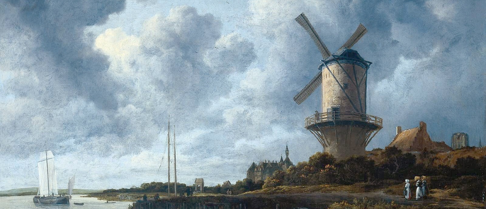 a painting depicting a windmill beside a river with a boat.